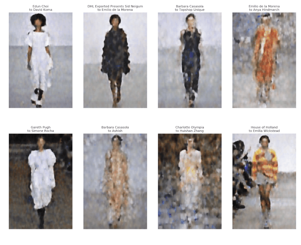 Reconstructed transitions between of pairs of runway photos by different designers.
