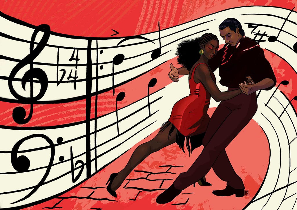 An illustration of two people dancing the tango with musical notes behind them. Illustration by Lucia Rinkel