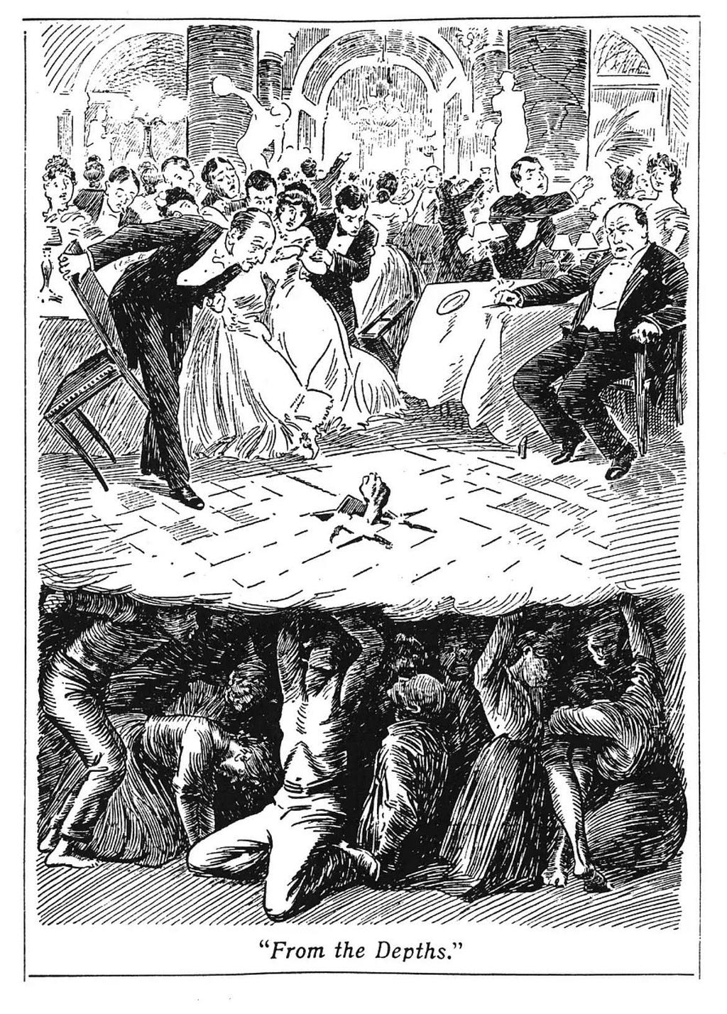 A comic shows rich people partying while the marginalized hold up the floor for them. It is titled “From the Depths”.