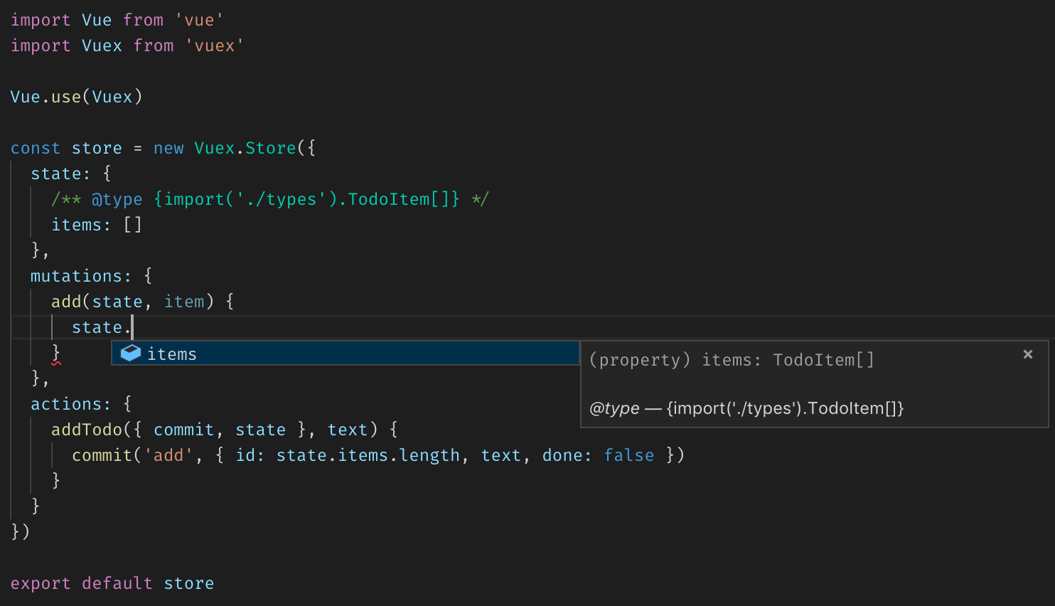 Vuex store implementation written in JavaScript using options syntax