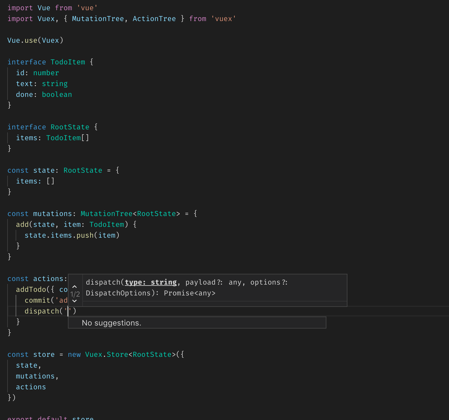 Screenshot: Intellisense in dispatch methods of vuex store
