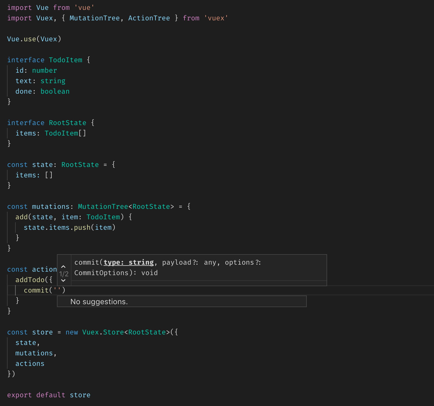 Screenshot: Intellisense in commit methods of vuex store