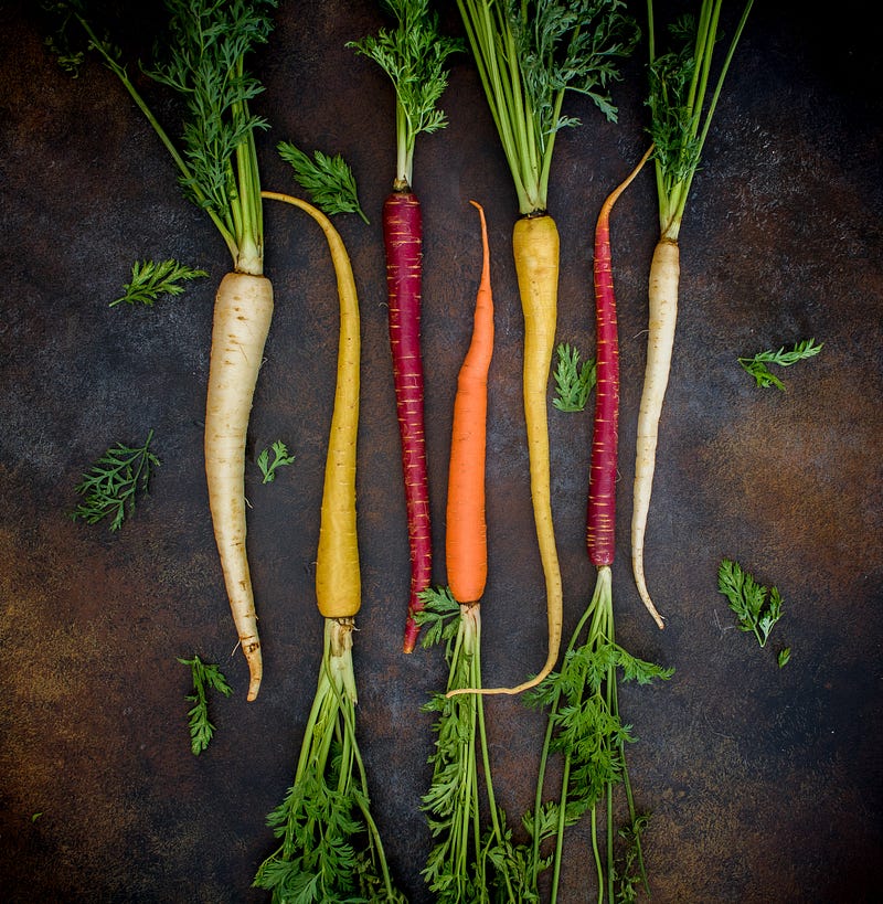 Carrots of different colors, pictured from about. White, yellow, red and orange. Make sure all your contestants have a prize opportunity.