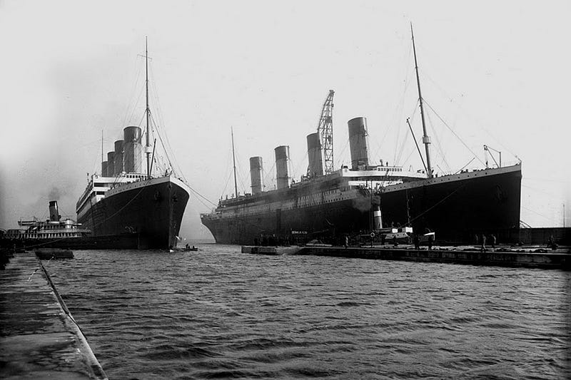 The Titanic and the Olympic moored side by side in Belfast