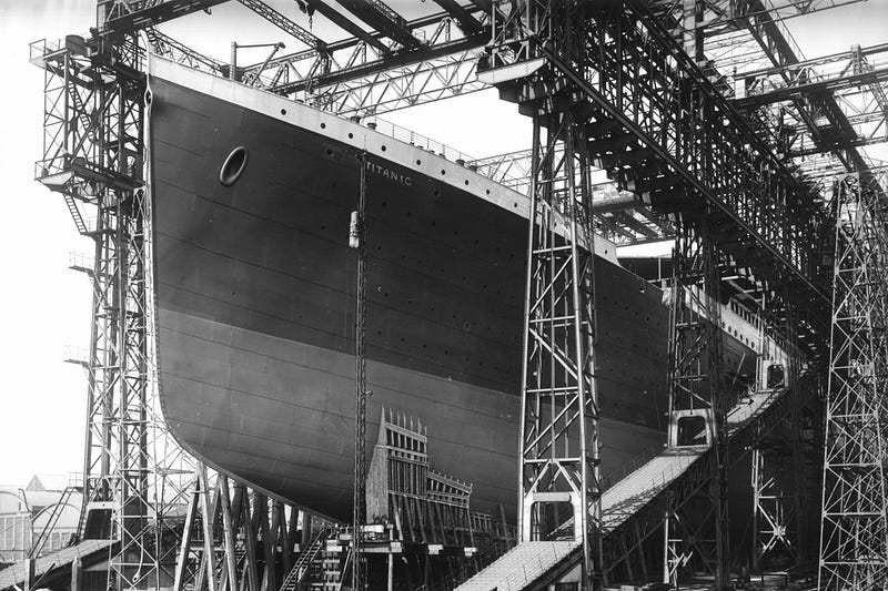 Titanic during its construction at the Harland and Wolff shipyard, Belfast