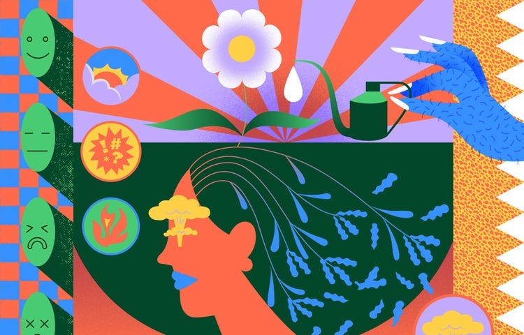 A colorful three column illustration. In the left blue-and-red-checkered panel are four stacked green, oval emojis: smiling, neutral, disappointed, and amazed. In the center is a stylized woman’s head in profile with a mushroom cloud for an eye and hair comprised of leafy vines from which a flower, being watered by a watering can, extends against a backgound of orange and purple rays. In front of her are three stacked circles, one with a sun rising from a cloud, another with punctuation marks.