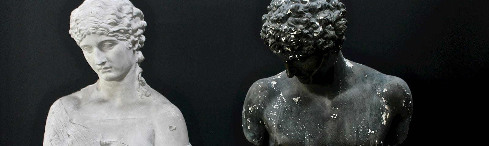 A white statue bust on the left, besides a charcoal gray bust on the right