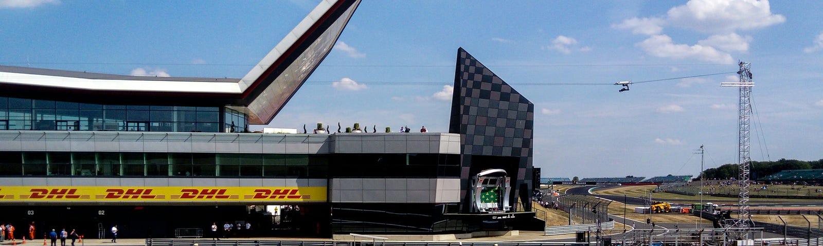 The starting grid at Silverstone, with the pit lane behind it.