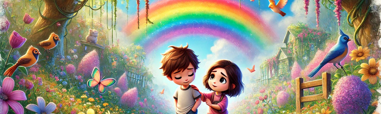 Two children in a vibrant, ultra-hyper-realistic 2D cartoon style adventure with a rainbow in the background. They walk on a colourful path with flowers and birds.