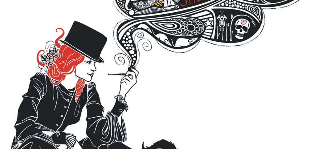 Kula Shaker “Strange Folk” album cover that “Hurricane Season” appears on; drawing of person with a black trenchcoat, black heels, black tophat, and long red hair partially held up by a brooch smoking a pipe with black graphics of abstract, skull, compass, spider web, peacock, knight and horse and album name in red text in the smoke at top, white background with red floro and black cat curling around person’s leg, band name in bottom right