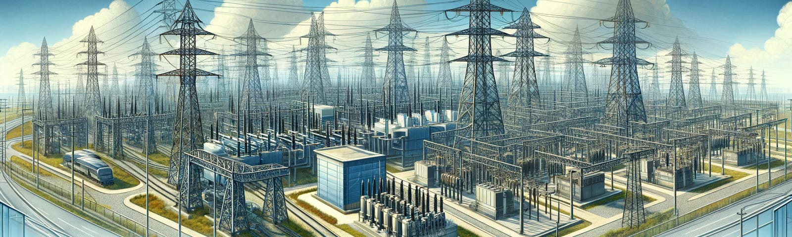 ChatGPT & DALL-E generated panoramic image illustrating the interests of institutional investors in the transmission grid.