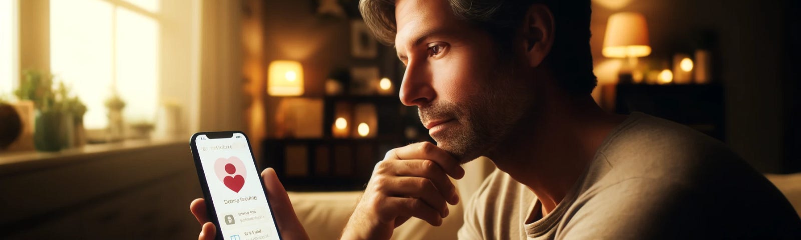 person in their forties, gender-neutral, looking thoughtfully at a smartphone screen displaying a dating app. The background should be a comfortable home setting, suggesting a relaxed approach to modern dating