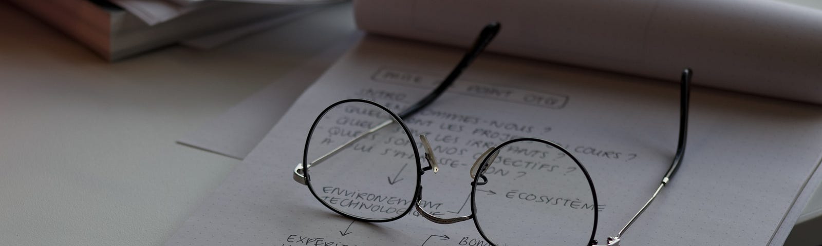 a pair of round glasses, upside down on a notepad