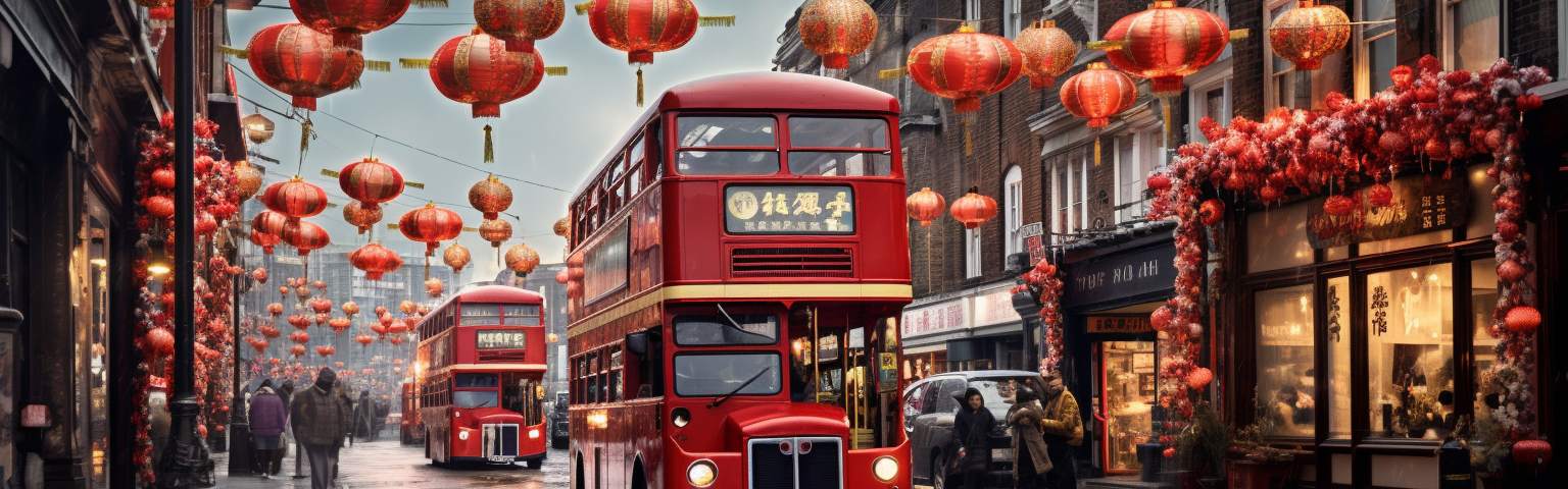 Midjourney generated image of Chinese bus on the streets of London