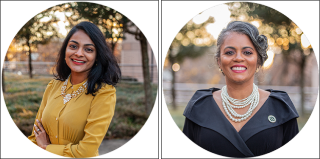 Two official photographs. 1: A South Asian women in yellow smiling. 2: A Black woman with gray hair smiling.