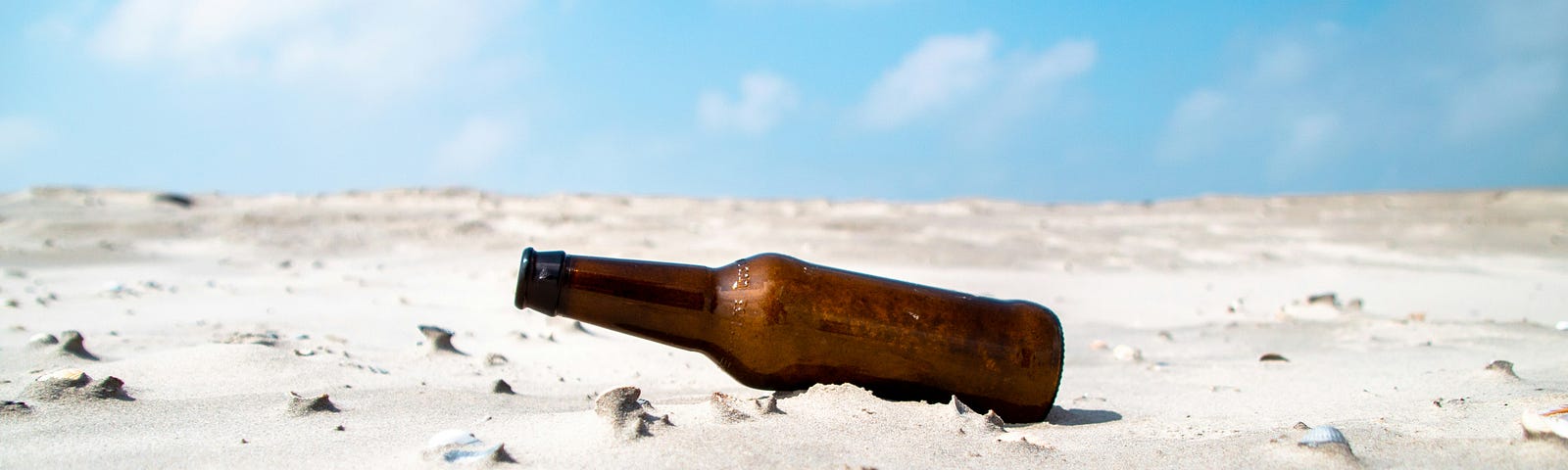 Empty beer bottle nestled in sand.