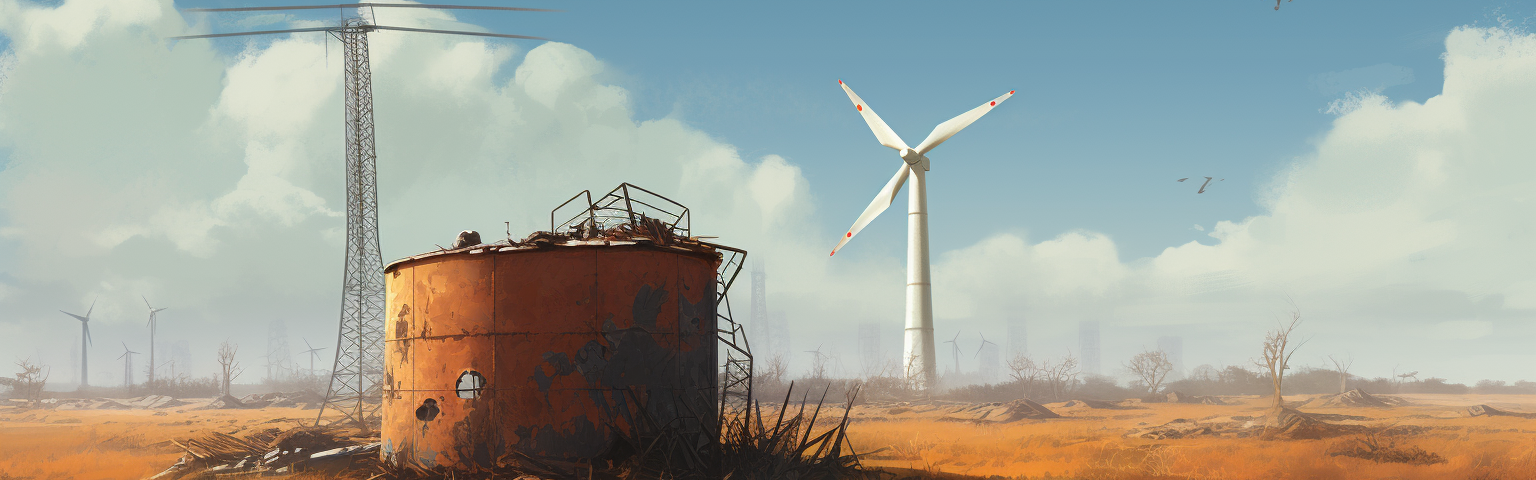 Midjourney generated image of a rusting oil barrel in a field, a wind turbine towering over it