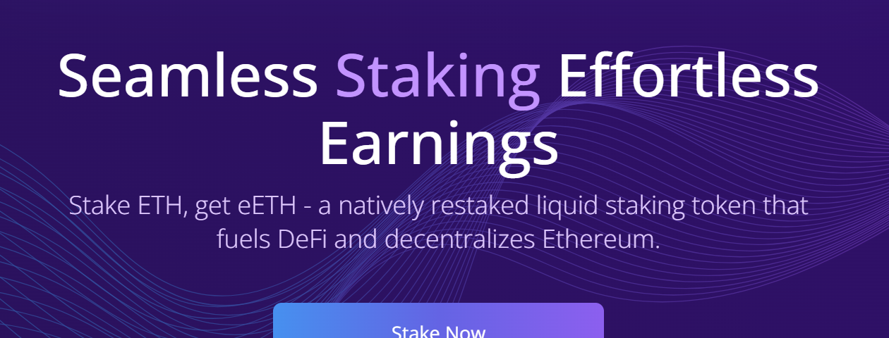 Stake ETH, get eETH — a natively restaked liquid staking token that fuels DeFi and decentralizes Ethereum.