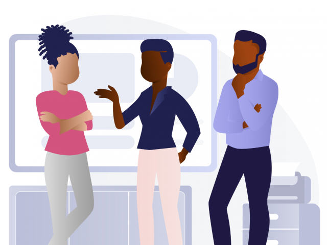 Illustration of three faceless people of color talking in an office environment