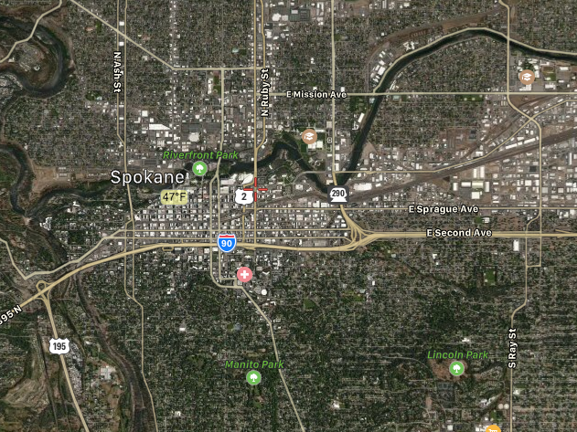 Satellite image of Spokane with trees