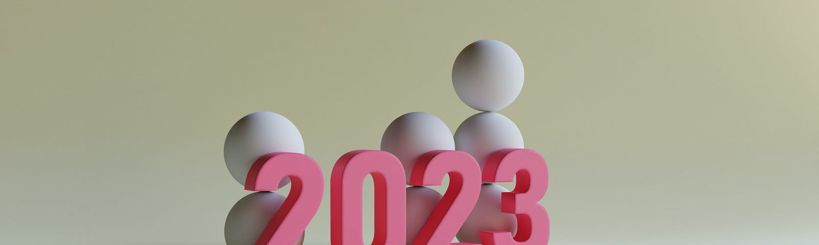 Pink numbers reading 2023 with small white balls or large beads stacked as people behind them.