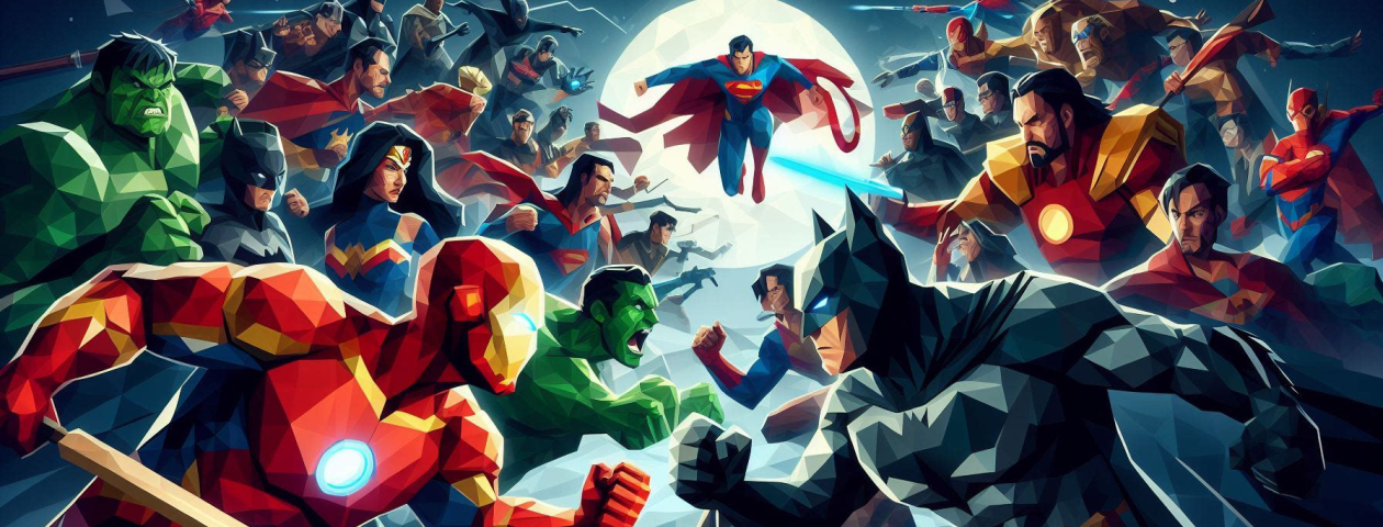 AI cartoon generated image of DC and Marvel heroes fighting