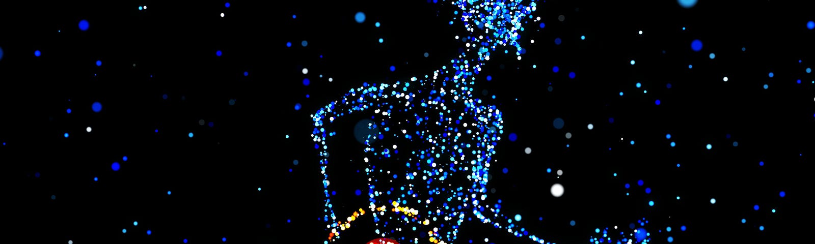 A digital image of a person that looks like he’s made up of blue bubbles against a black background. He is clutching a red bullseye on his back, symbolizing pain.