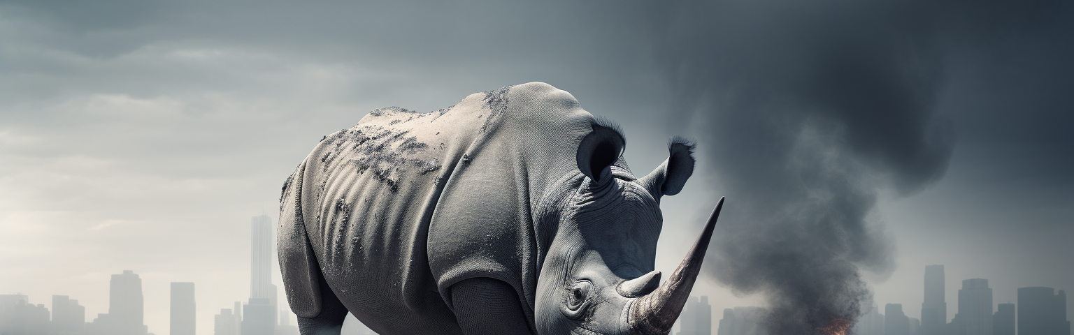 Midjourney generated image of a gray rhino on top of the heating world
