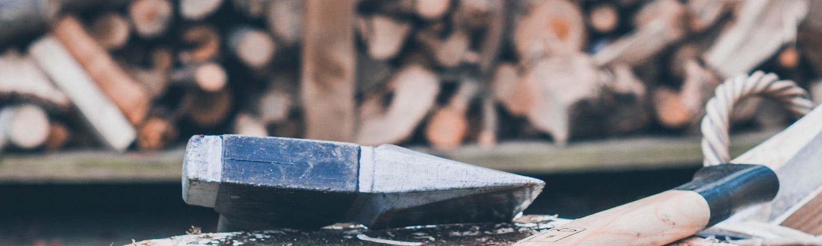 In front of a pile of stacked brown firewood, two axes with blue heads and wooden handles, lay on top of and leaning against, a tree stump.