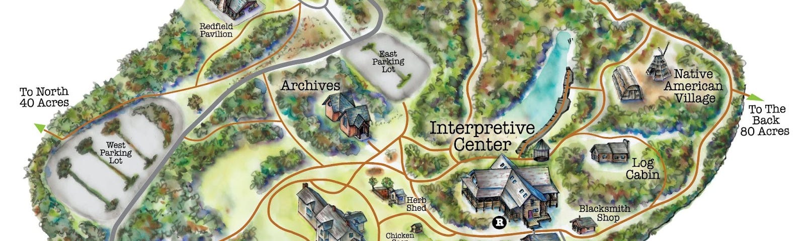 Custom map of The Grove, National Historic Landmark, in Glenview, IL. All the buildings have been hand-drawn in 3-D, walking paths are seen through the trees, gardens, a graveyard, and a Native American teepee are all included on the map which gives a sense of place. Created by Lynda Wallis, Freelance Illustrations.