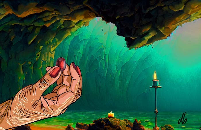 An old woman’s hand holding a bright glass bead in a candle lit cave.