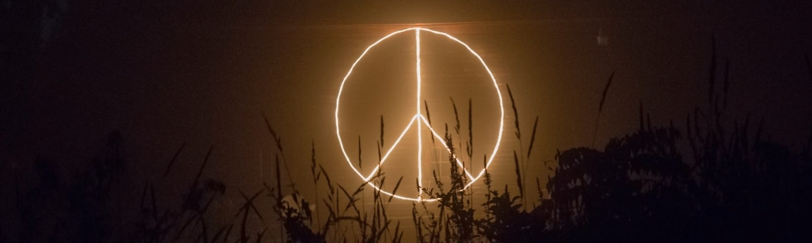 A meon or similarly lit peace symbol shines out from the shadows of a wall against which folliage, weeds? grow.