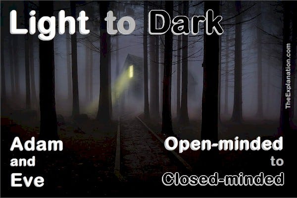 Light to dark. Adam and Eve’s open minds to God switched to closed minds