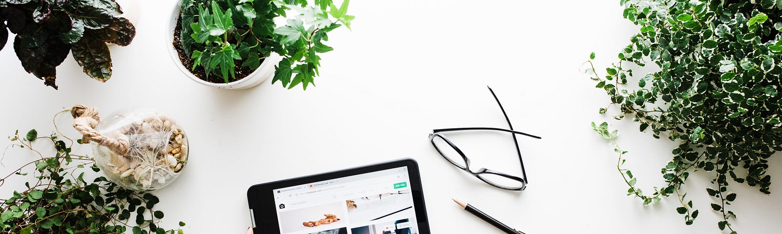 tablet on a desk with plants