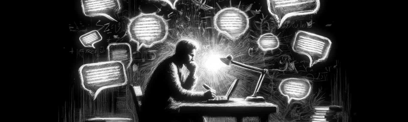 A raw, chalk-style black and white illustration depicting a contemplative writer at a cluttered desk, holding a pen and surrounded by floating, sketchy text bubbles, with a laptop in a dimly lit room.