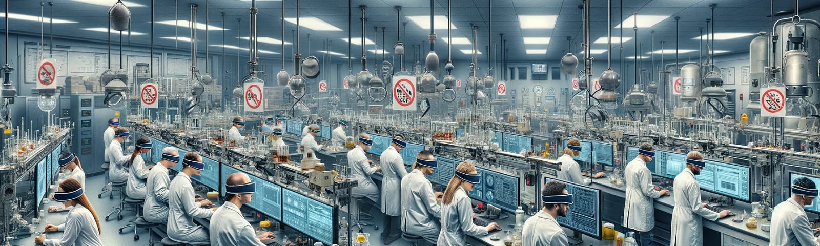 ChatGPT & DALL-E generated panoramic image depicting researchers with blinders on, ignoring obvious warning signs in a laboratory setting.