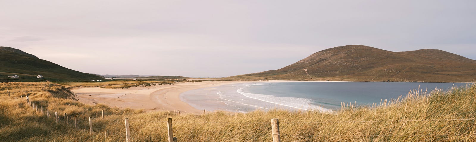 Photo of a fence, high grass, and a beach in the distance