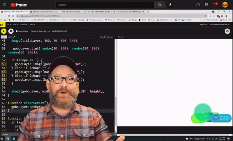An animated GIF showing Shawn Patrick, wearing a red and gray plaid shirt and black baseball cap, enthusiastically gesturing toward the camera. Behind him, a p5.js editor screen with the Paint with Gobo code is successfully running, making a snake-like animation of green circles.