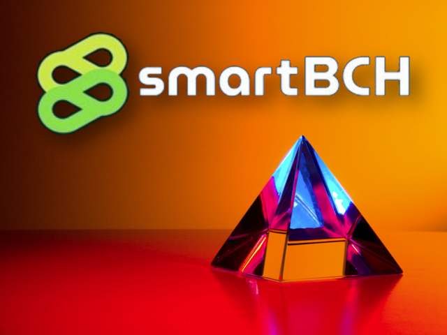 Red and orange background with a crystal pyramid at the right and smartBCH logo on top.