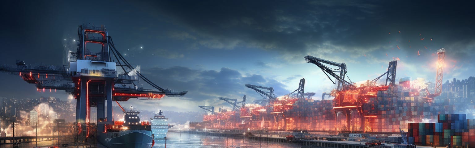 Midjourney generated image of sleek, modern container port with circuitry and sparks of elecricity