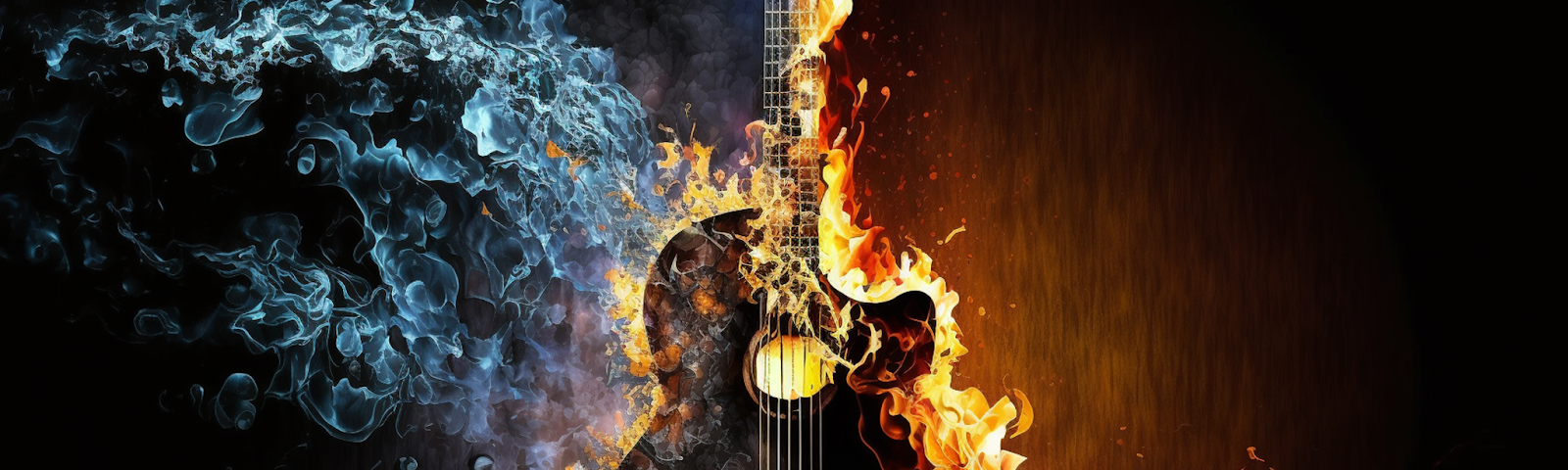 Image of a guitar on fire, one side burns orange and the other side has blue flames