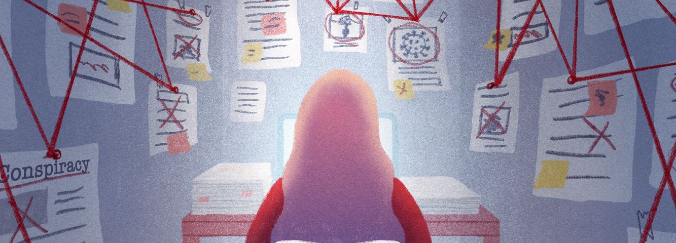 A visual of a woman sitting in front of her computer. Around her are papers on the wall with red strings connecting them, thus implying she is trying to solve something.