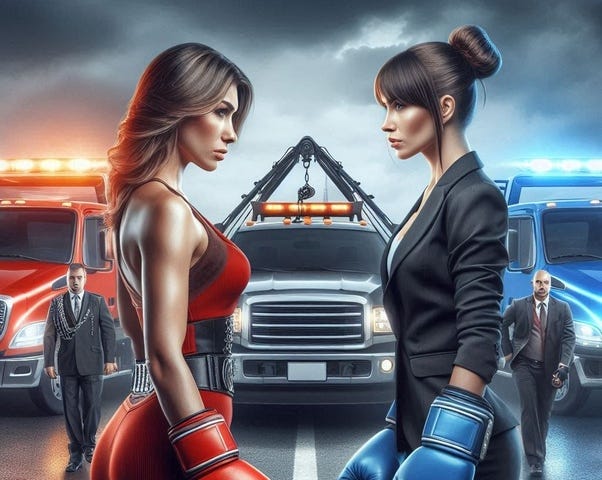 Una mujer de rojo está a la izquierda con guantes de boxeo rojos, pelo suelto, y una grúa roja detrás se enfrenta a una mujer de negro, con guantes azules, y una grúa azul detrás. En mitad hay una grúa negra. Imagen generada con IA.