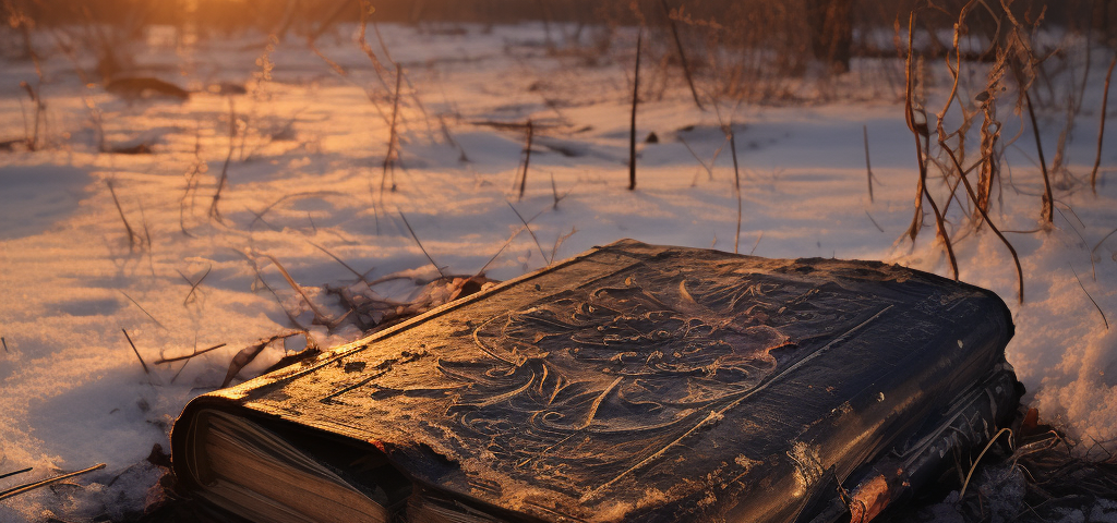 A scarred old leather book lying in the snow