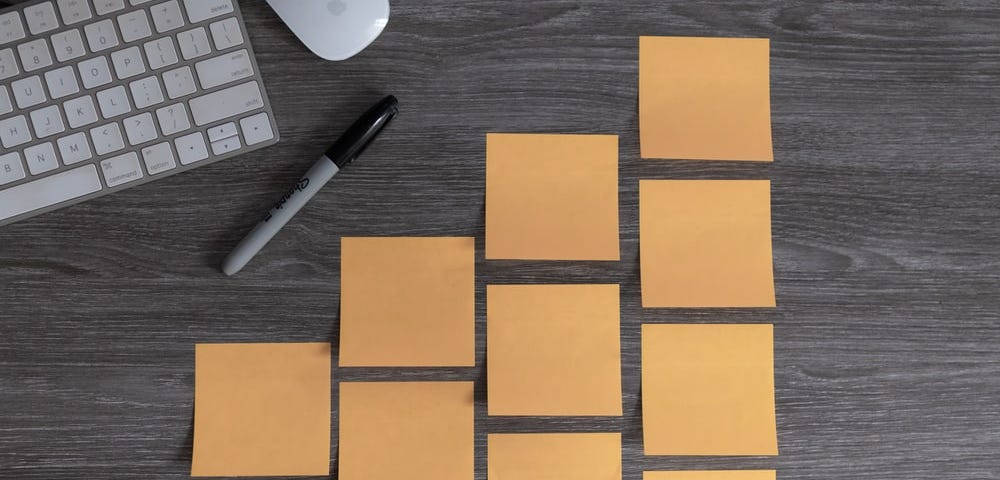 Post-its amarelos alinhados, uma caneta preta, um teclado e um mouse brancos. Todos esses objetos estão postos sobre uma mesa de madeira