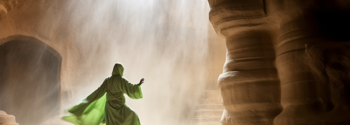 A figure in green robes within a cave