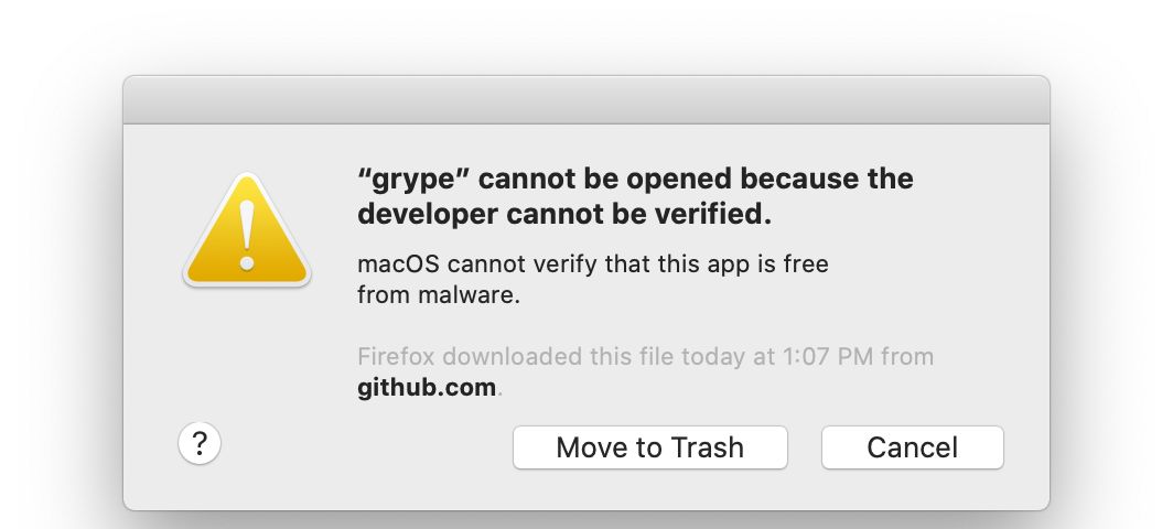 A macOS security dialog window stating that an app cannot be opened because the developer cannot be verified