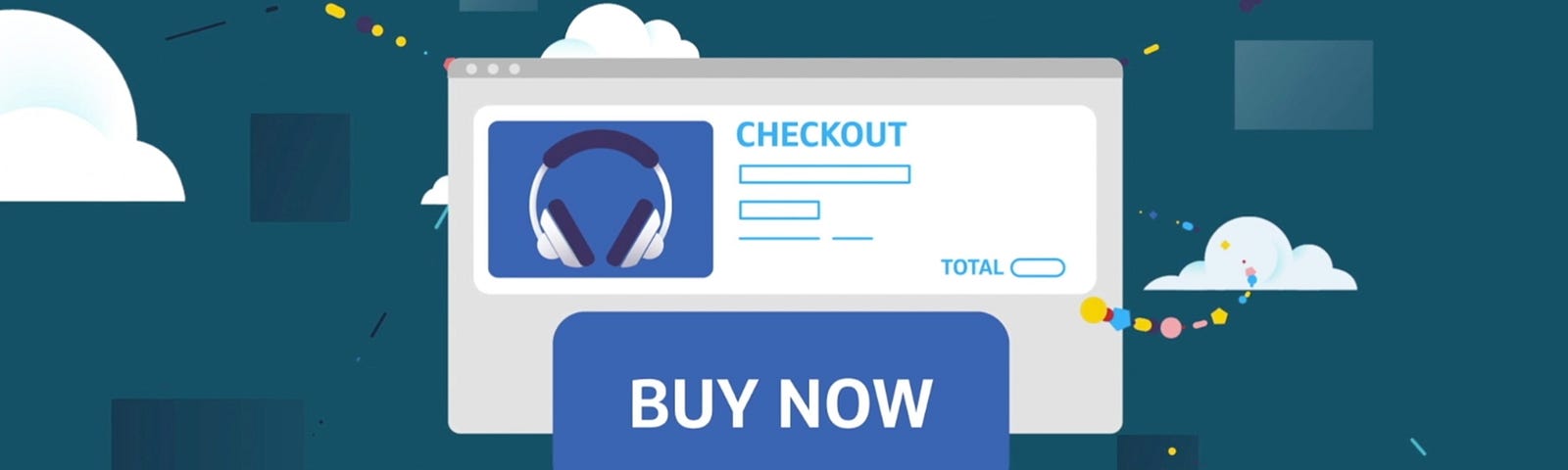 vector drawing of a checkout screen with black headphones and blue squares, with a dark teal background with white clouds scattered