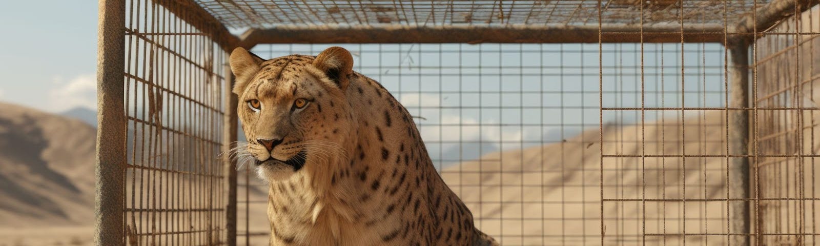 A proud cheetah sits in a cage, peering out over the serenghetti.