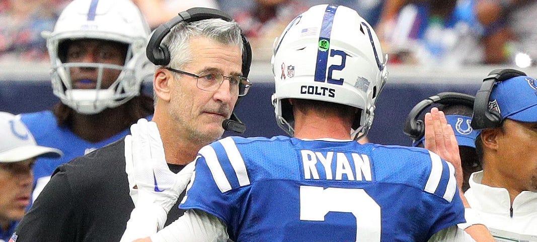 Indianapolis Colts’ head coach Frank Reich speaking to Colts’ quarterback Matt Ryan.